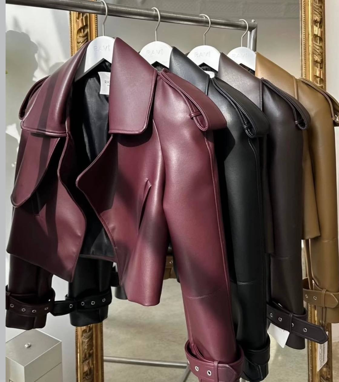 Burgundy and black leather jacket