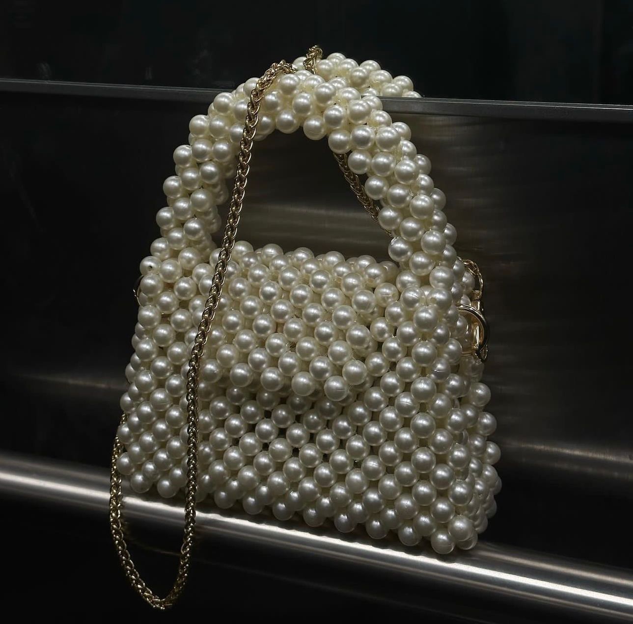 Pearl beaded bucket bag