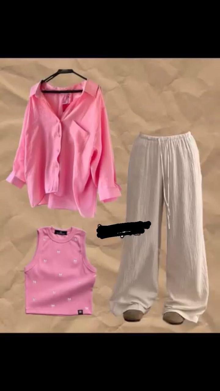 Set ( Linen chemese+ Top+ Linen Pants)