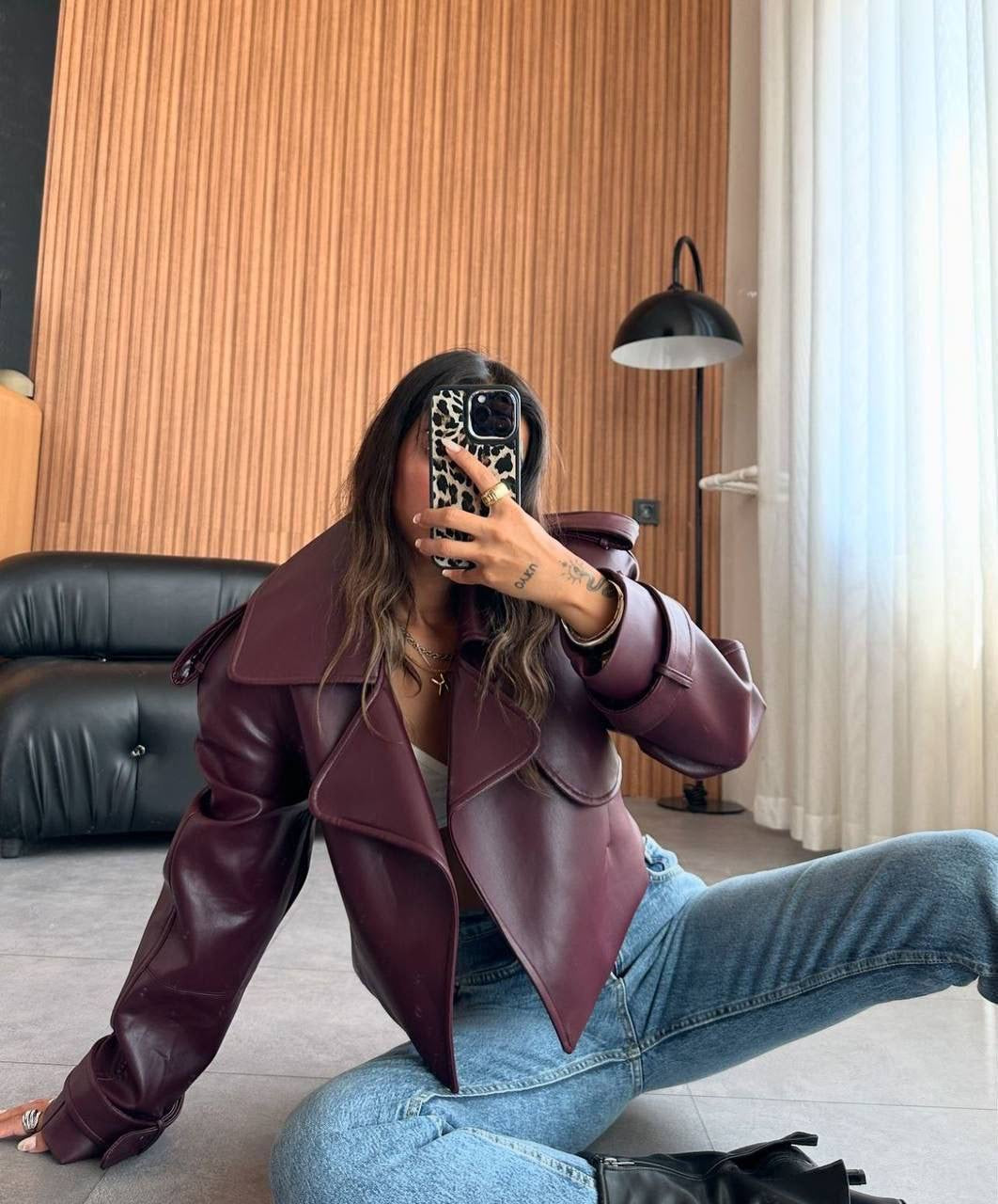 Burgundy and black leather jacket
